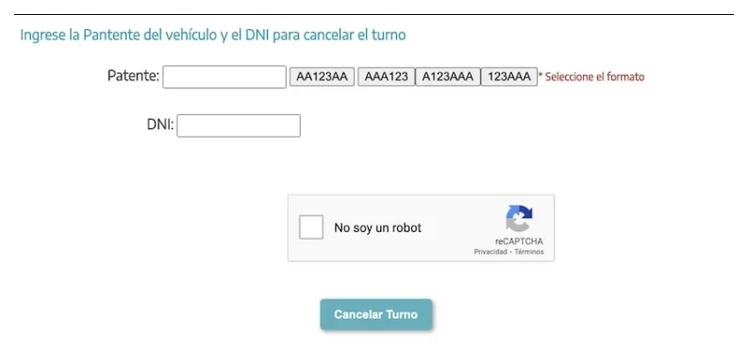 Pantalla para cancelar el turno de la VTV en Zeballos con patente y DNI