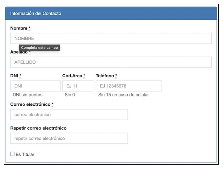 Paso 2 para sacar turno de la VTV en Zeballos: información del contacto